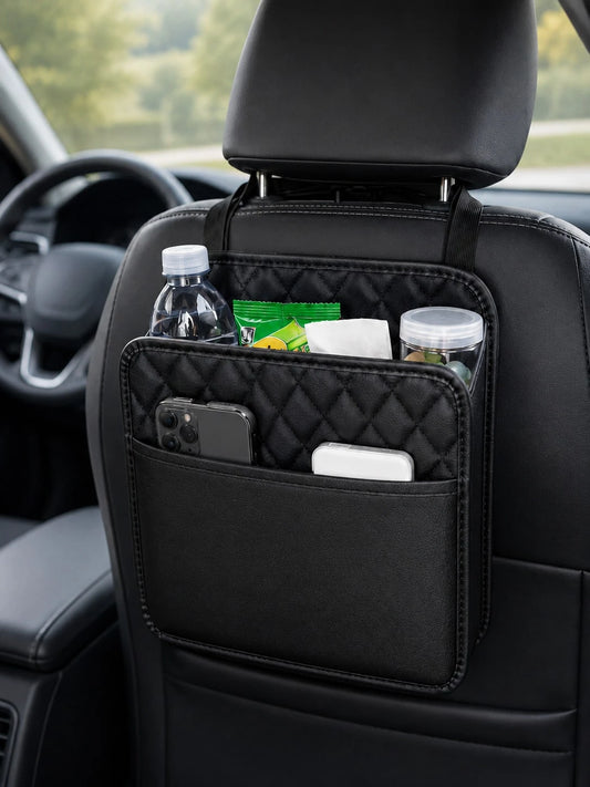 1pc Faux Leather Car Seat Back Organizer- Large Capacity, Durable And Easy To Clean; Hanging Storage Bag; Can Store Water Bottles, Snacks And Phones- Suitable For All Car Models; Car Organizer Bag
