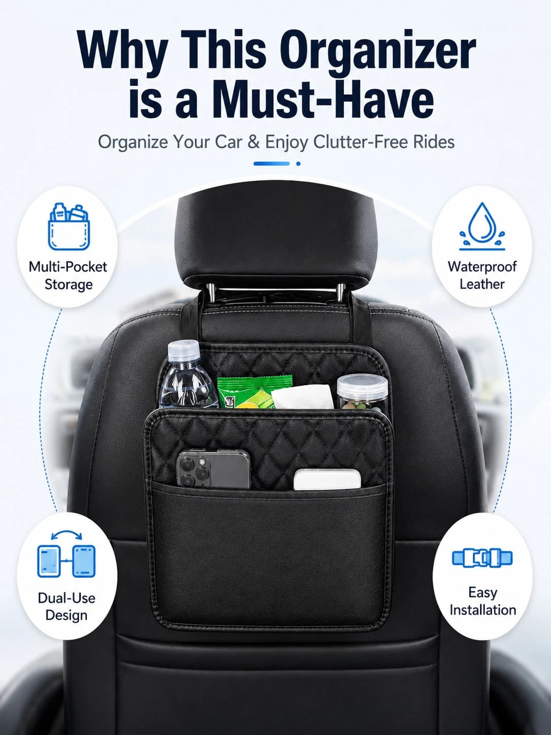 1pc Faux Leather Car Seat Back Organizer- Large Capacity, Durable And Easy To Clean; Hanging Storage Bag; Can Store Water Bottles, Snacks And Phones- Suitable For All Car Models; Car Organizer Bag