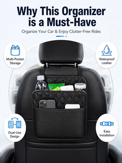 1pc Faux Leather Car Seat Back Organizer- Large Capacity, Durable And Easy To Clean; Hanging Storage Bag; Can Store Water Bottles, Snacks And Phones- Suitable For All Car Models; Car Organizer Bag