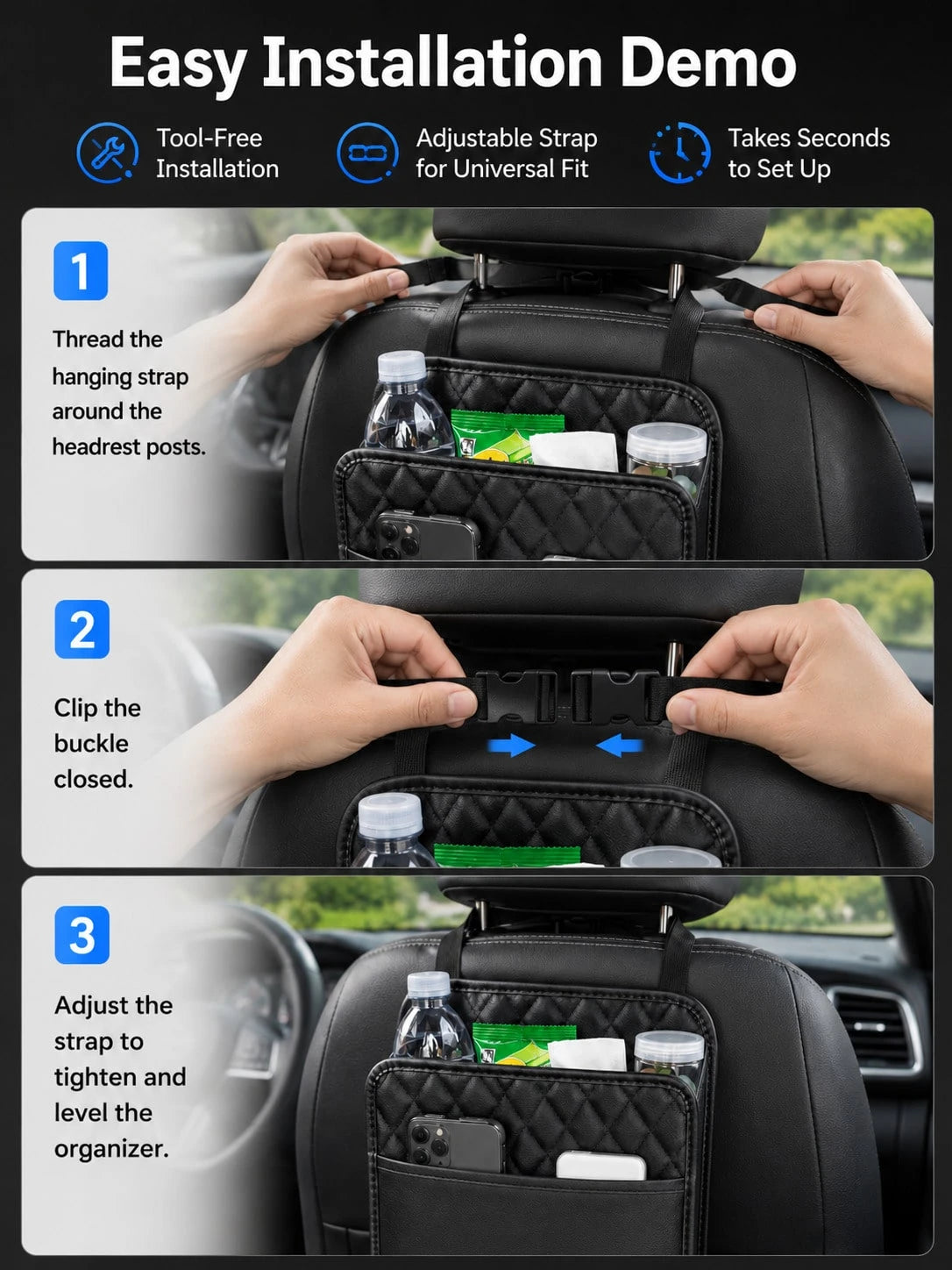 1pc Faux Leather Car Seat Back Organizer- Large Capacity, Durable And Easy To Clean; Hanging Storage Bag; Can Store Water Bottles, Snacks And Phones- Suitable For All Car Models; Car Organizer Bag
