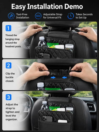 1pc Faux Leather Car Seat Back Organizer- Large Capacity, Durable And Easy To Clean; Hanging Storage Bag; Can Store Water Bottles, Snacks And Phones- Suitable For All Car Models; Car Organizer Bag