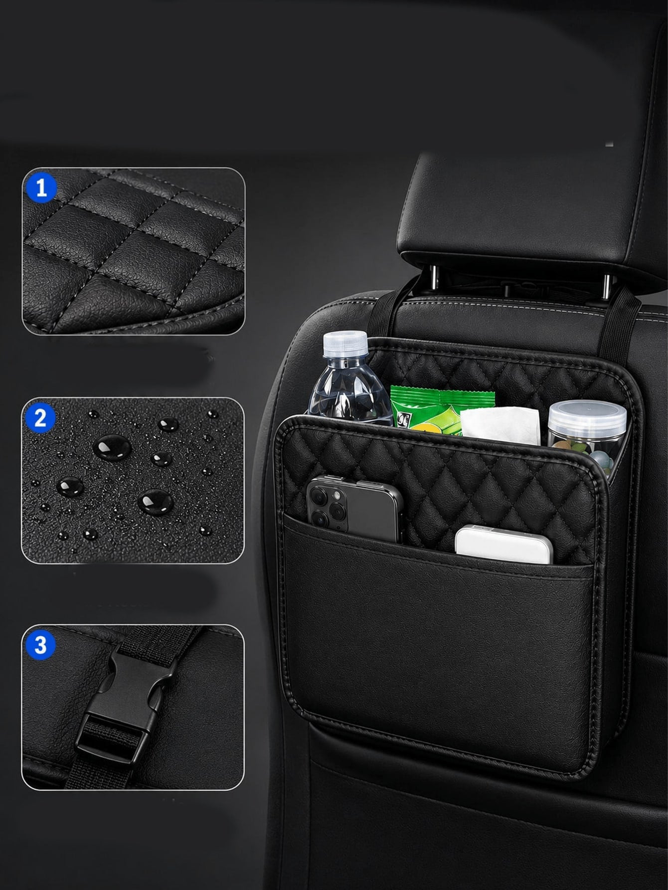 1pc Faux Leather Car Seat Back Organizer- Large Capacity, Durable And Easy To Clean; Hanging Storage Bag; Can Store Water Bottles, Snacks And Phones- Suitable For All Car Models; Car Organizer Bag