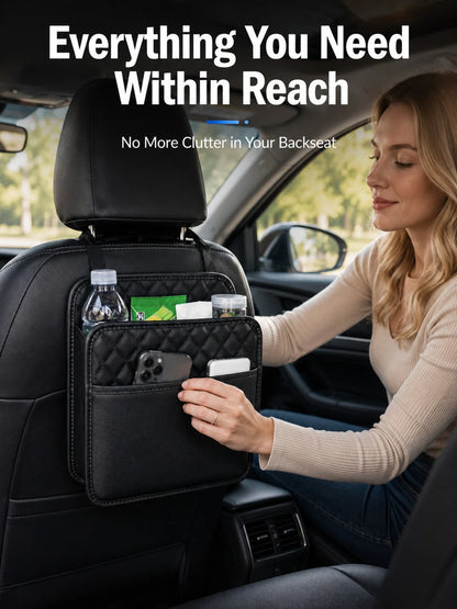 1pc Faux Leather Car Seat Back Organizer- Large Capacity, Durable And Easy To Clean; Hanging Storage Bag; Can Store Water Bottles, Snacks And Phones- Suitable For All Car Models; Car Organizer Bag