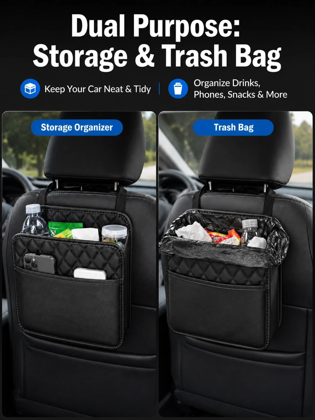 1pc Faux Leather Car Seat Back Organizer- Large Capacity, Durable And Easy To Clean; Hanging Storage Bag; Can Store Water Bottles, Snacks And Phones- Suitable For All Car Models; Car Organizer Bag