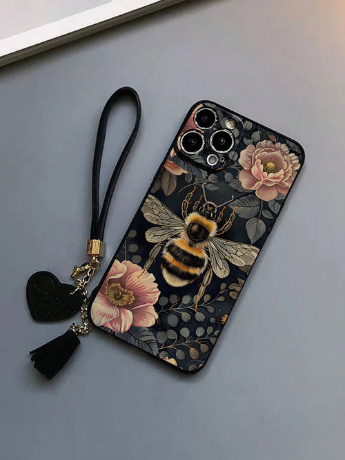 1pc Floral & Bee Printed Thick Anti-Drop Phone Case With Leather Heart-Shaped Wrist Strap, DIY Accessories Tassel Pendant Bracelet, Compatible With Iphone 16/ 16 Pro/ 16 Pro Max, Compatible With IPh