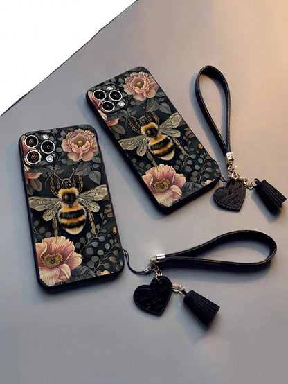 1pc Floral & Bee Printed Thick Anti-Drop Phone Case With Leather Heart-Shaped Wrist Strap, DIY Accessories Tassel Pendant Bracelet, Compatible With Iphone 16/ 16 Pro/ 16 Pro Max, Compatible With IPh