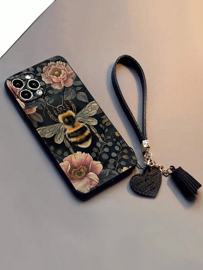 1pc Floral & Bee Printed Thick Anti-Drop Phone Case With Leather Heart-Shaped Wrist Strap, DIY Accessories Tassel Pendant Bracelet, Compatible With Iphone 16/ 16 Pro/ 16 Pro Max, Compatible With IPh