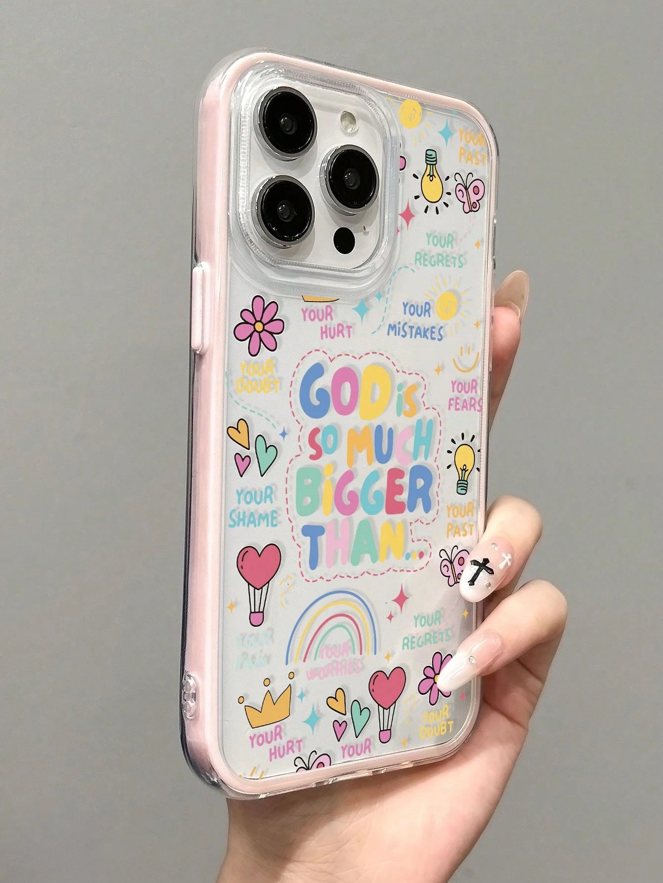 1pc Fresh Religious Colorful Slogan Hot Air Balloon Butterfly Creative Pattern 3-In-1 Contrast Color Anti-Slip Soft Phone Case Compatible With IPhone 11/12/13/14/15 Pro Max
