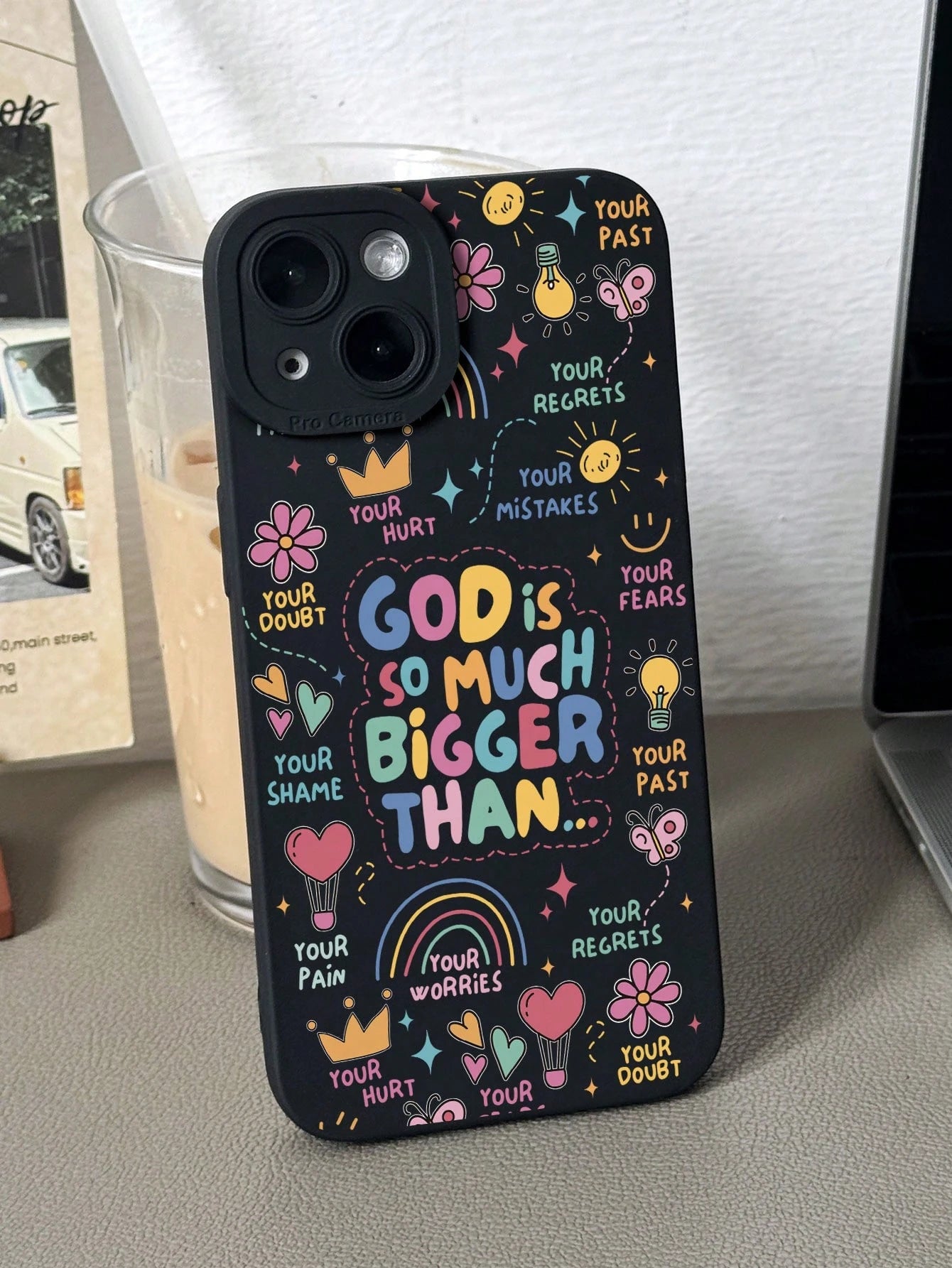 1pc Fresh Religious Colorful Slogan Hot Air Balloon Butterfly Creative Pattern 3-In-1 Contrast Color Anti-Slip Soft Phone Case Compatible With IPhone 11/12/13/14/15 Pro Max