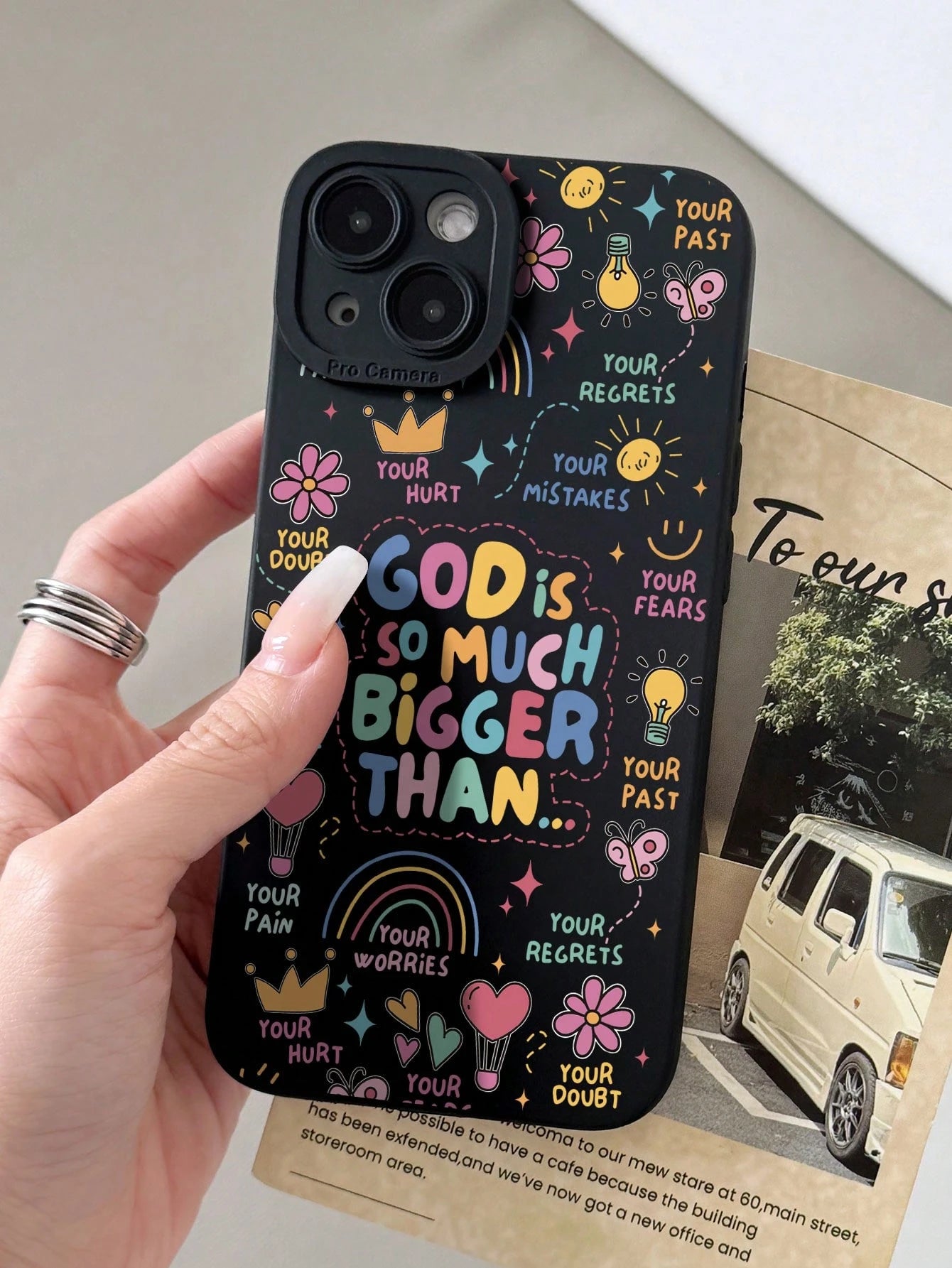 1pc Fresh Religious Colorful Slogan Hot Air Balloon Butterfly Creative Pattern 3-In-1 Contrast Color Anti-Slip Soft Phone Case Compatible With IPhone 11/12/13/14/15 Pro Max