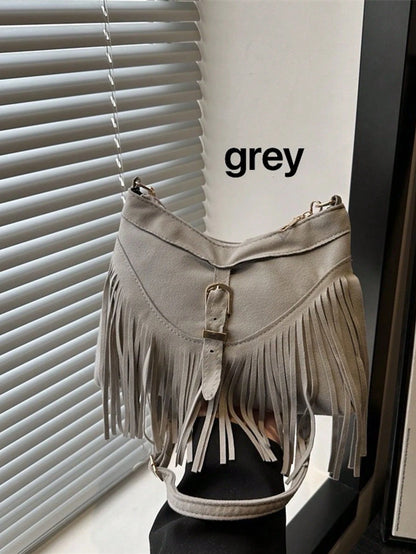 1pc Fringed Decor Solid Color Suede/PU Leather Crossbody Bag, For Women Everyday Use