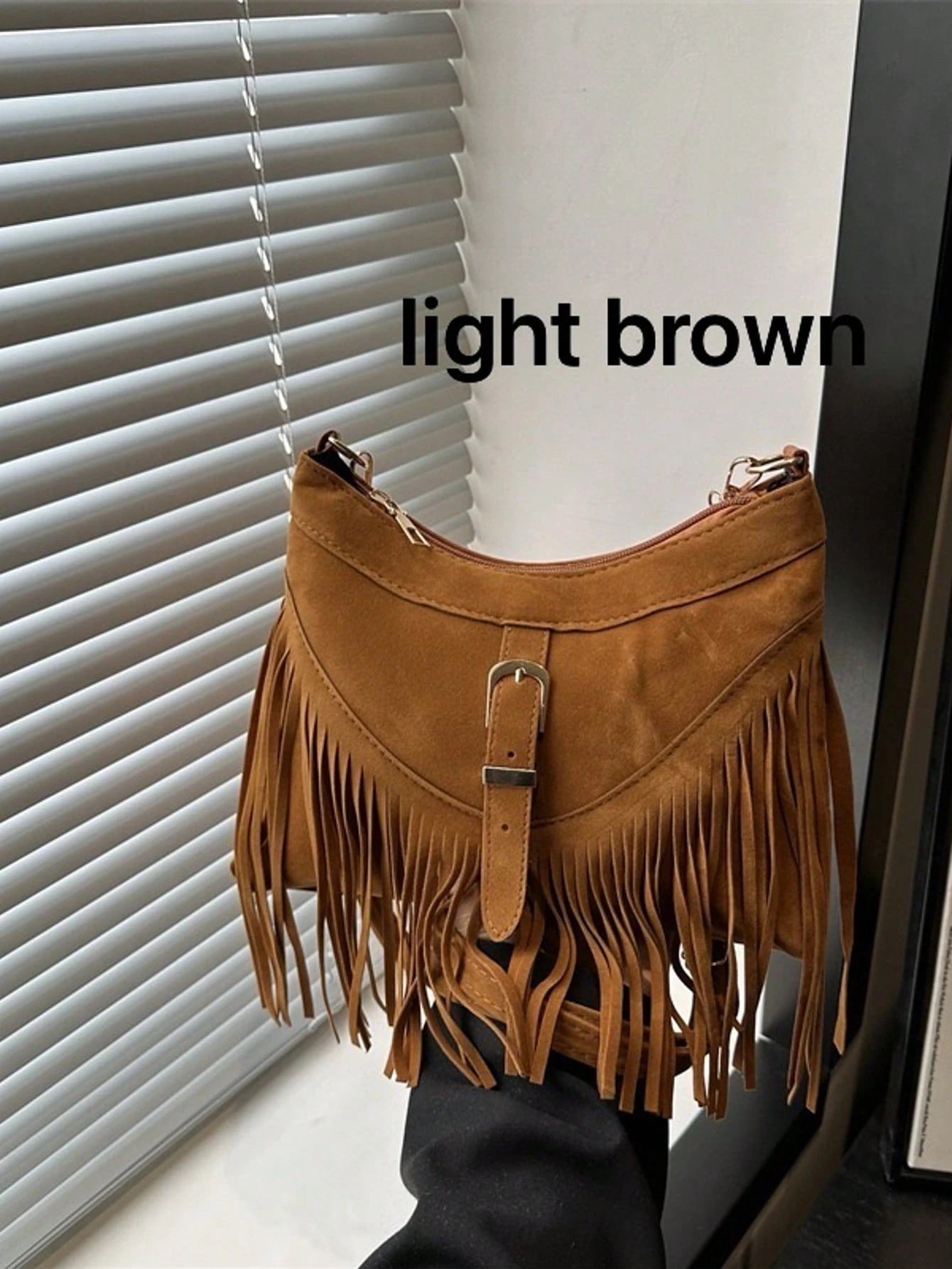 1pc Fringed Decor Solid Color Suede/PU Leather Crossbody Bag, For Women Everyday Use