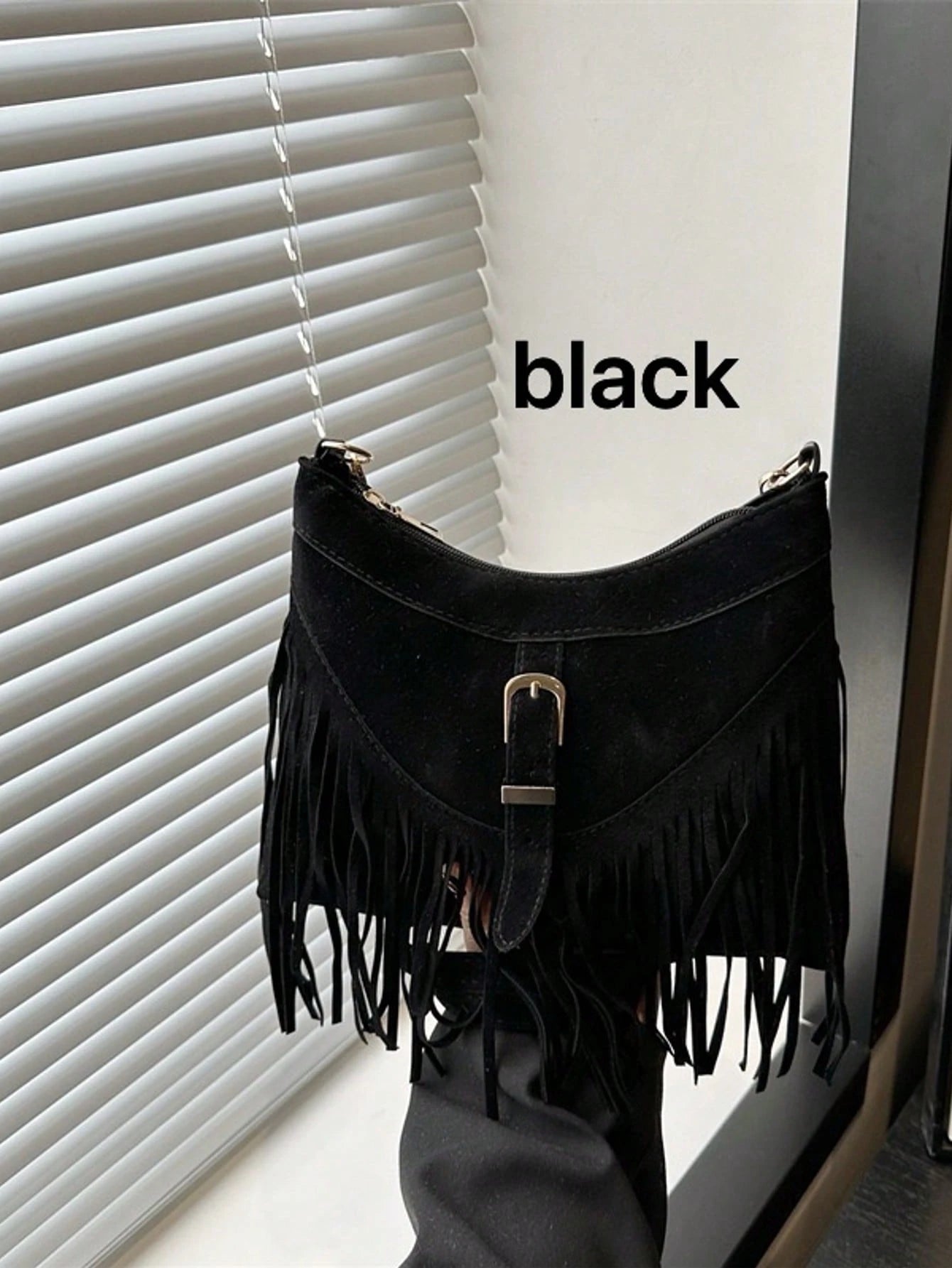 1pc Fringed Decor Solid Color Suede/PU Leather Crossbody Bag, For Women Everyday Use
