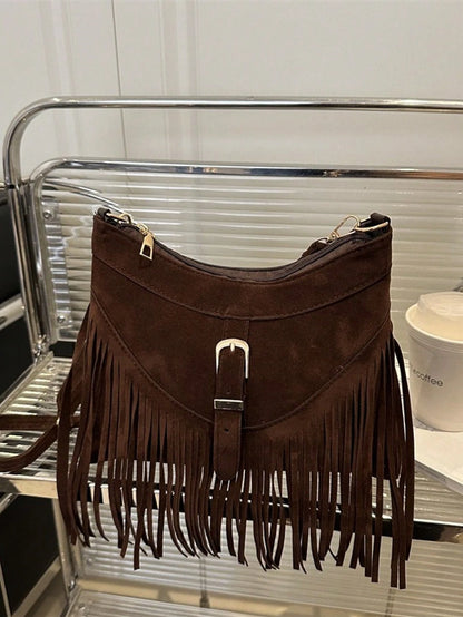 1pc Fringed Decor Solid Color Suede/PU Leather Crossbody Bag, For Women Everyday Use