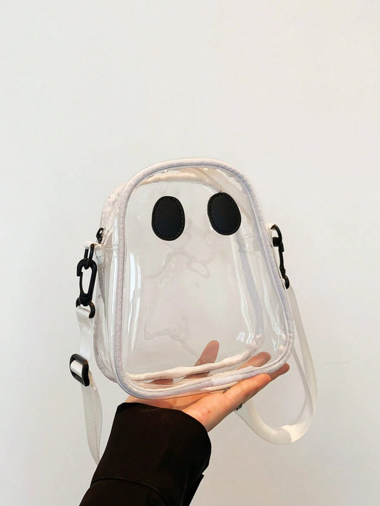 1pc Ghost Shape Transparent Plastic Bag, Cute & Funny Shoulder Crossbody Bag For Women, Suitable For Parties And Vacations, Waterproof, Sandproof Transparent Bag, Beach Sports Picnic Snacks Clear Purs