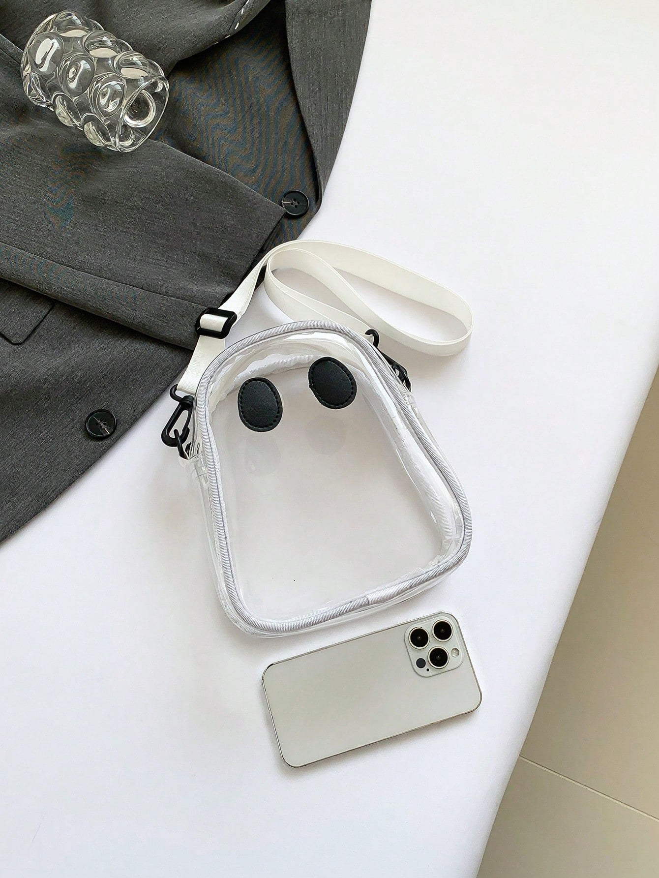 1pc Ghost Shape Transparent Plastic Bag, Cute & Funny Shoulder Crossbody Bag For Women, Suitable For Parties And Vacations, Waterproof, Sandproof Transparent Bag, Beach Sports Picnic Snacks Clear Purs