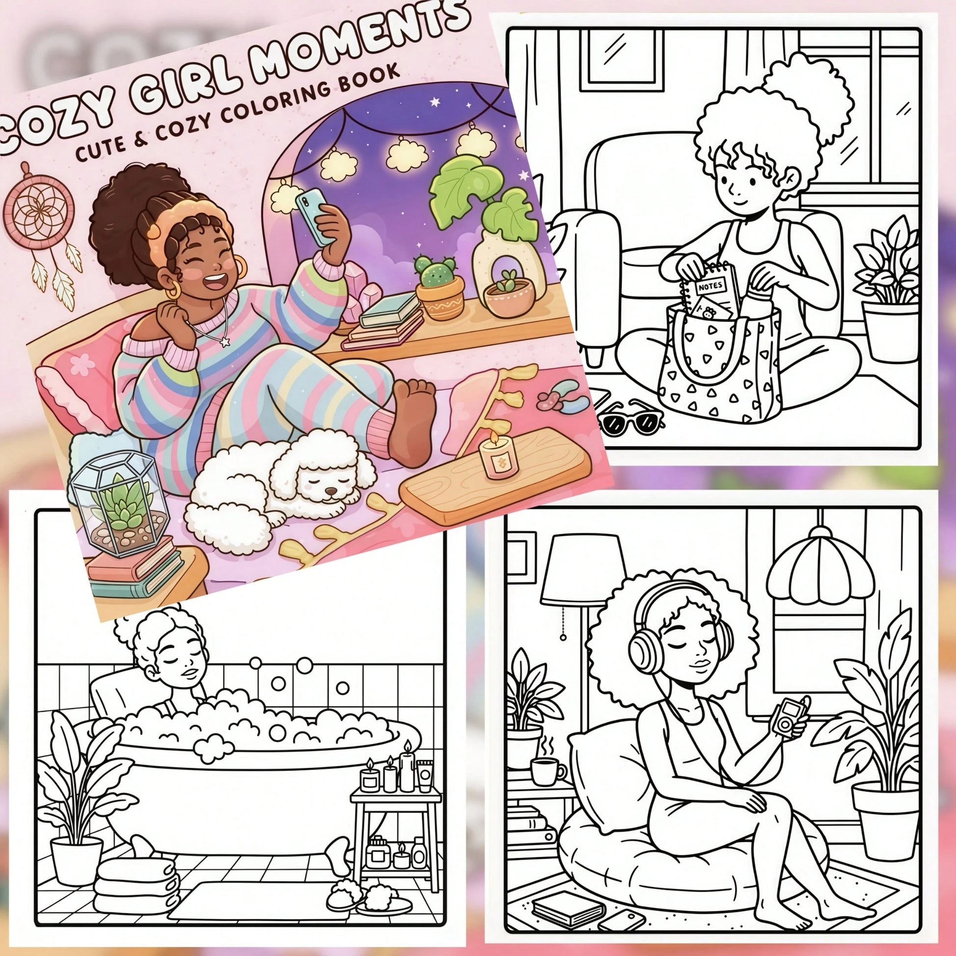 1pc Girls Self-Care Coloring Book, 24 Pages Of Cozy And Comfortable Coloring, Depicting Girls' Relaxing Activities- Coffee, Music, Plants, Reading And Quiet Moments. Perfect For Teenagers And Girls W