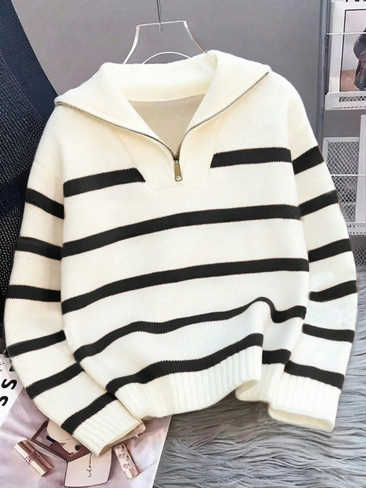 1pc Girls' Teen Fashion Striped Half-Open Front Long Sleeve Warm Knit Sweater Spring Autumn Winter