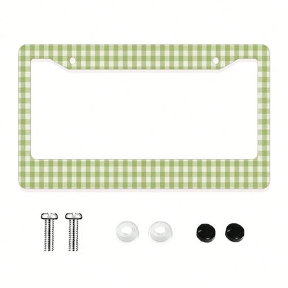 1pc Green Checkered Pattern Aluminum License Plate Frame 6x12 Inches With Screw Kit, Retro And Fun Car Decoration Accessory Auto Styling, Car Enthusiasts, Universal Size Fits Standard US License Plate