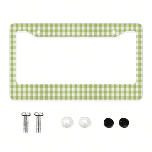 1pc Green Checkered Pattern Aluminum License Plate Frame 6x12 Inches With Screw Kit, Retro And Fun Car Decoration Accessory Auto Styling, Car Enthusiasts, Universal Size Fits Standard US License Plate