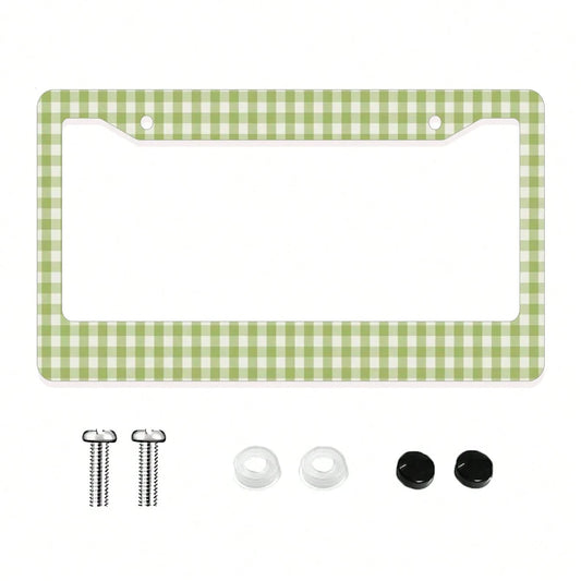 1pc Green Checkered Pattern Aluminum License Plate Frame 6x12 Inches With Screw Kit, Retro And Fun Car Decoration Accessory Auto Styling, Car Enthusiasts, Universal Size Fits Standard US License Plate
