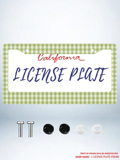 1pc Green Checkered Pattern Aluminum License Plate Frame 6x12 Inches With Screw Kit, Retro And Fun Car Decoration Accessory Auto Styling, Car Enthusiasts, Universal Size Fits Standard US License Plate