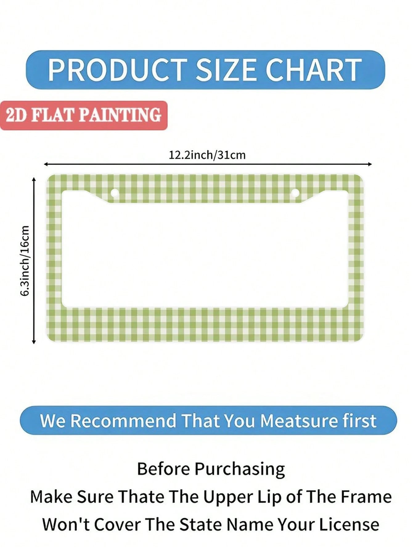 1pc Green Checkered Pattern Aluminum License Plate Frame 6x12 Inches With Screw Kit, Retro And Fun Car Decoration Accessory Auto Styling, Car Enthusiasts, Universal Size Fits Standard US License Plate