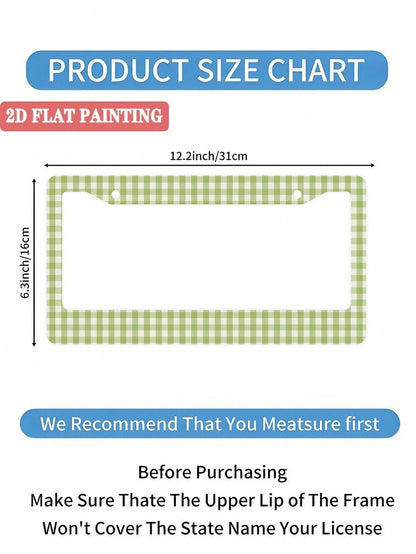 1pc Green Checkered Pattern Aluminum License Plate Frame 6x12 Inches With Screw Kit, Retro And Fun Car Decoration Accessory Auto Styling, Car Enthusiasts, Universal Size Fits Standard US License Plate