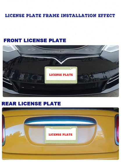 1pc Green Checkered Pattern Aluminum License Plate Frame 6x12 Inches With Screw Kit, Retro And Fun Car Decoration Accessory Auto Styling, Car Enthusiasts, Universal Size Fits Standard US License Plate