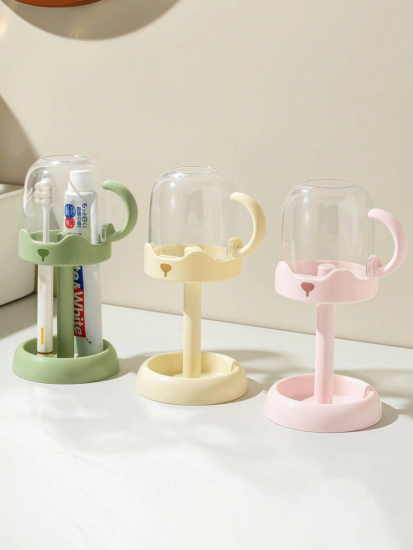 1pc Handle Dust-Proof Mouthwash Cup Integrated Storage Rack, Plastic Children Toothbrush Holder, Bathroom Countertop Baby Wash Basin Organizer