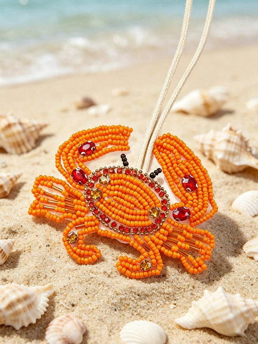 1pc Handmade Beaded Ocean Style Vacation Elements Blue Turtle, Jellyfish, Starfish, Crab, Tropical Fruit Sequin Leather Pendant, Beach