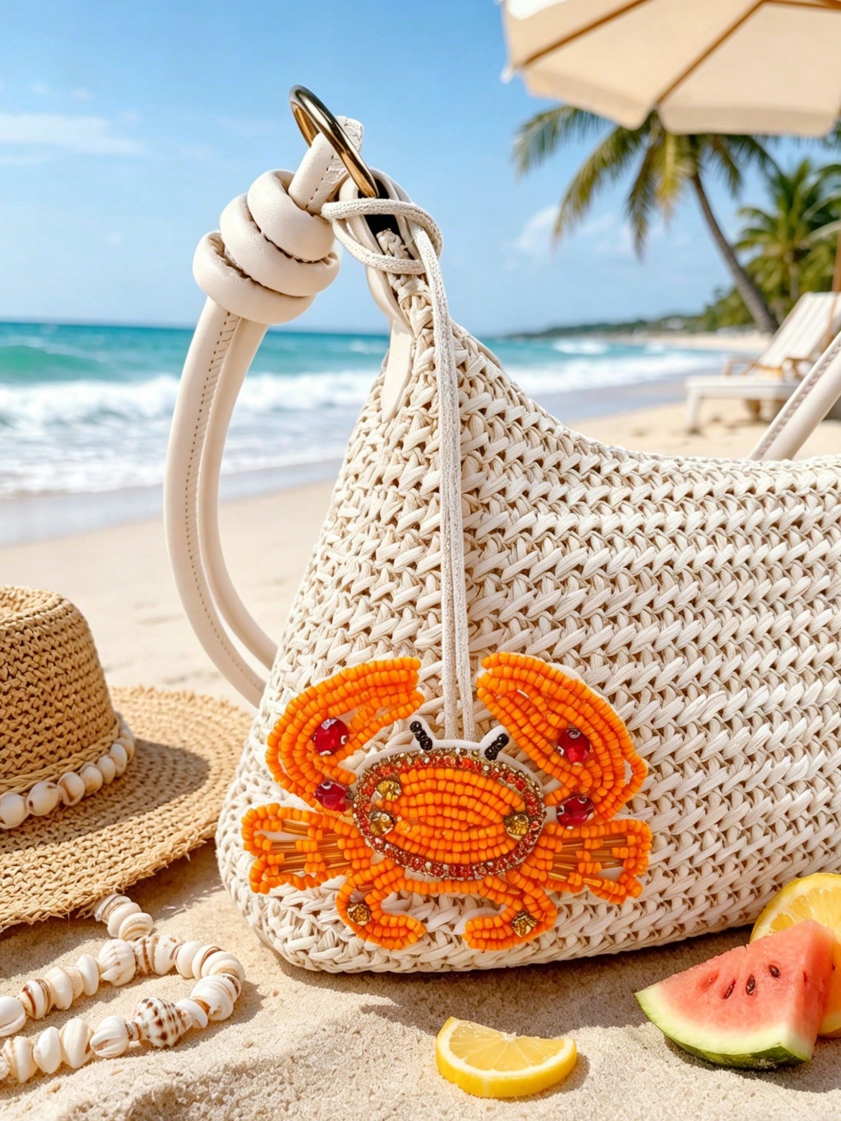 1pc Handmade Beaded Ocean Style Vacation Elements Blue Turtle, Jellyfish, Starfish, Crab, Tropical Fruit Sequin Leather Pendant, Beach