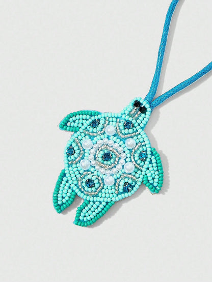 1pc Handmade Beaded Ocean Style Vacation Elements Blue Turtle, Jellyfish, Starfish, Crab, Tropical Fruit Sequin Leather Pendant, Beach