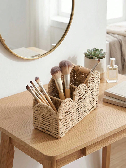 1pc Handwoven Divided Desktop Storage Basket, Boho Reusable Wicker Organizer For Remote Stationery Cosmetics Snacks & Keys, Multi-Use Decor Pencil Caddy For Coffee Table Desk Sundries Container, Perfe