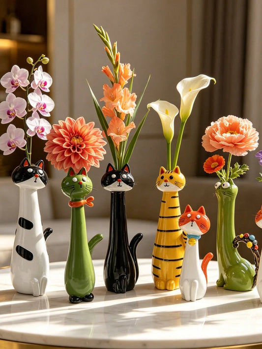 1pc Healing Cartoon Cat Shaped Resin Vase- Creative Cute Pet Vase, Decorative Ornament, Create A Fun Atmosphere For Living Room And Desk| Home Decor, Room Decor, Bohemian Style Decor, Desk Decor, Cu