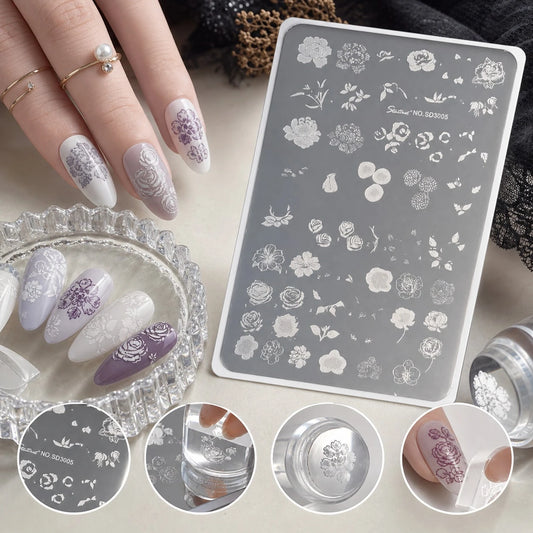 1pc INS Style Rose Peony Hydrangea Daisy Cherry Blossom Lily Camellia Chrysanthemum Jasmine Hibiscus Mallow Carved Steel Plate, Flower Branch Leaf Vein Bow Decor, Clear Transfer 3D Embossed, Fresh Ver