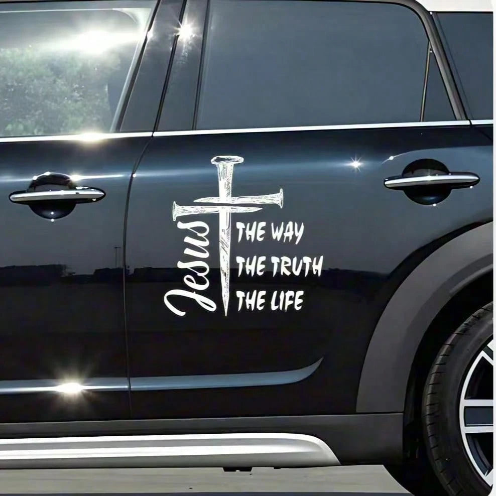 1pc Jesus Nail Cross Car Window Vinyl Sticker, The Way The Truth The Life Christian Decal, 5.8/9.15 Inches, Waterproof UV Resistant Outdoor Decor, Suitable For SUV Truck Van Rear Window, Removable Rel