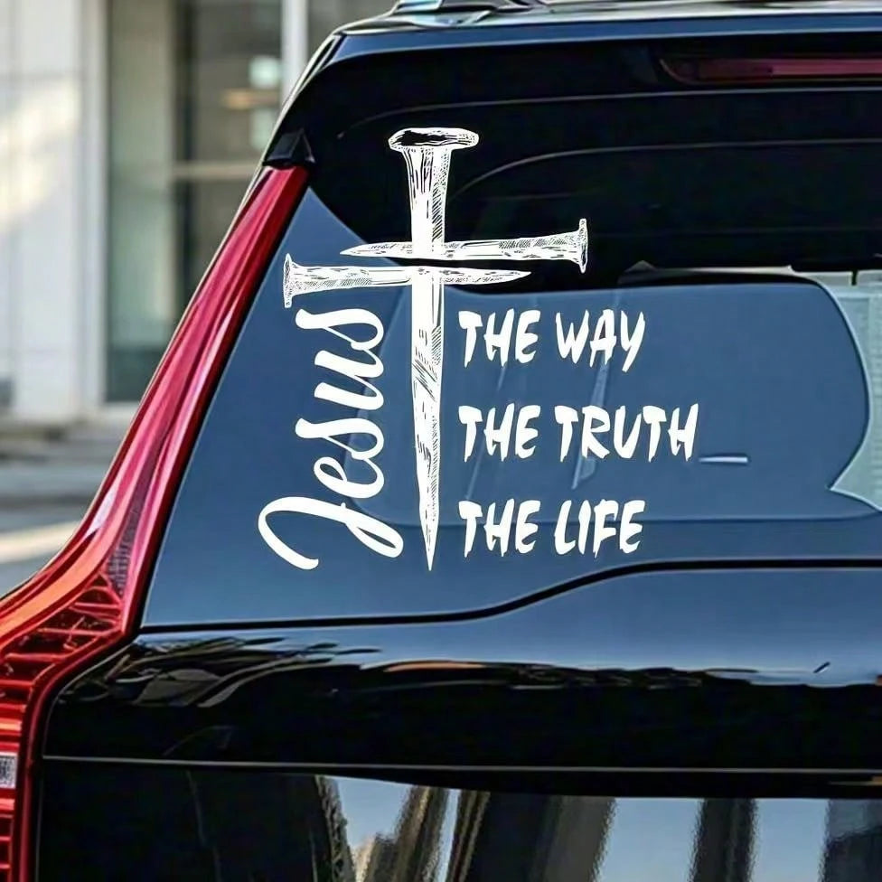 1pc Jesus Nail Cross Car Window Vinyl Sticker, The Way The Truth The Life Christian Decal, 5.8/9.15 Inches, Waterproof UV Resistant Outdoor Decor, Suitable For SUV Truck Van Rear Window, Removable Rel