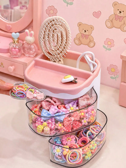 1pc Kids Hair Accessories Storage Box, 2-Tier Rotating Desktop Organizer With Transparent Dividers, Suitable For Hair Clips, Rubber Bands, Headbands And Jewelry Storage, Back To School