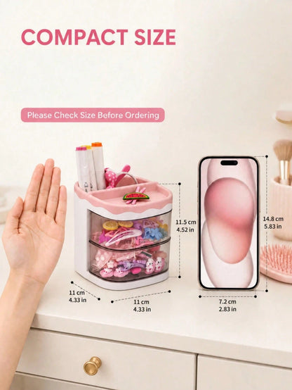 1pc Kids Hair Accessories Storage Box, 2-Tier Rotating Desktop Organizer With Transparent Dividers, Suitable For Hair Clips, Rubber Bands, Headbands And Jewelry Storage, Back To School