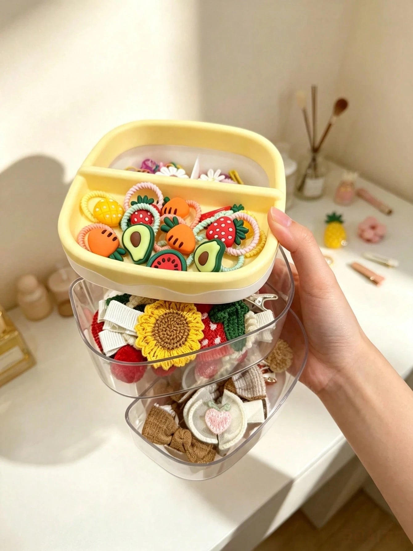 1pc Kids Hair Accessories Storage Box, 2-Tier Rotating Desktop Organizer With Transparent Dividers, Suitable For Hair Clips, Rubber Bands, Headbands And Jewelry Storage, Back To School