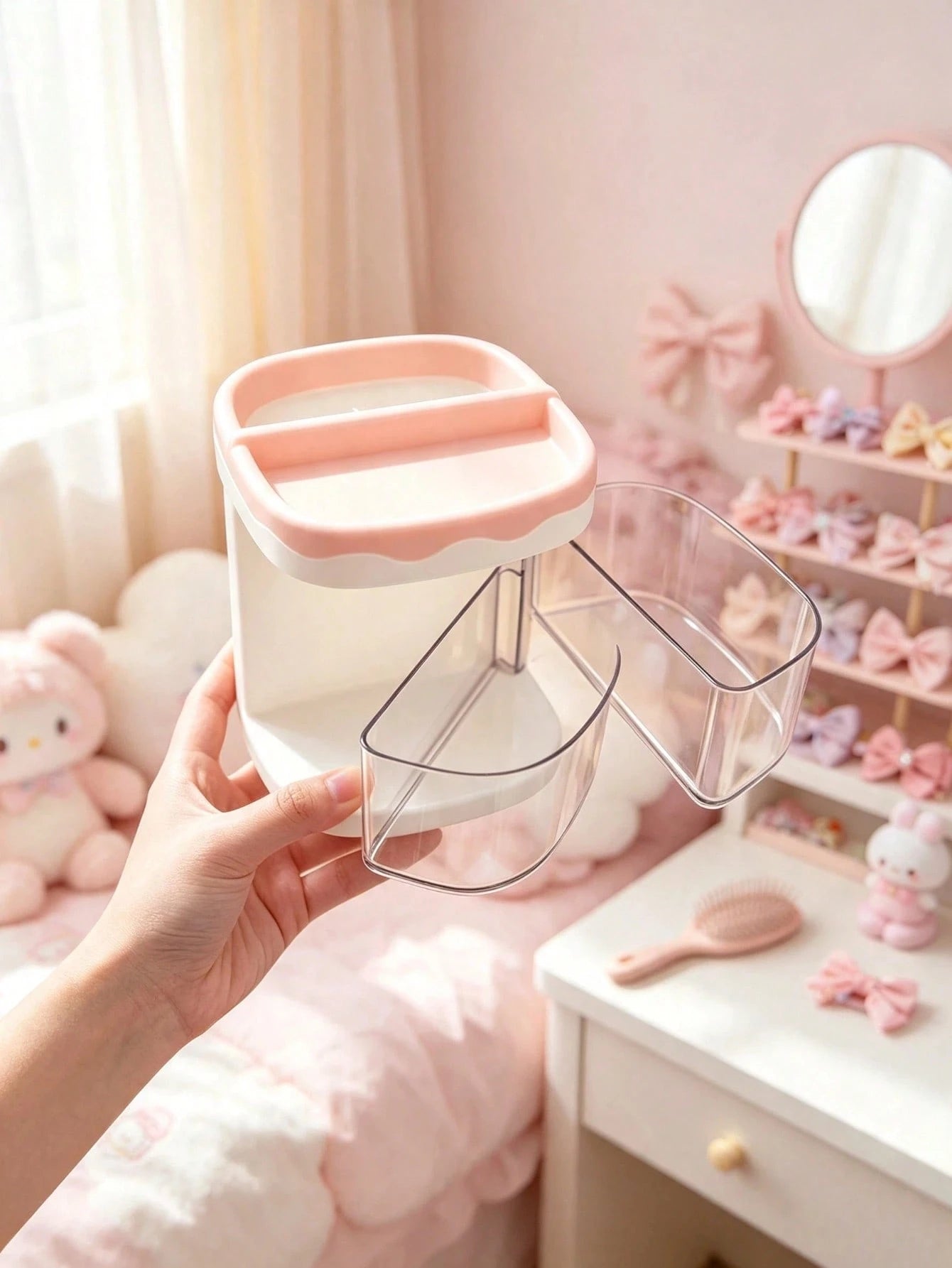 1pc Kids Hair Accessories Storage Box, 2-Tier Rotating Desktop Organizer With Transparent Dividers, Suitable For Hair Clips, Rubber Bands, Headbands And Jewelry Storage, Back To School