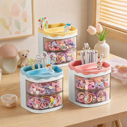 1pc Kids Hair Accessories Storage Box, 2-Tier Rotating Desktop Organizer With Transparent Dividers, Suitable For Hair Clips, Rubber Bands, Headbands And Jewelry Storage, Back To School