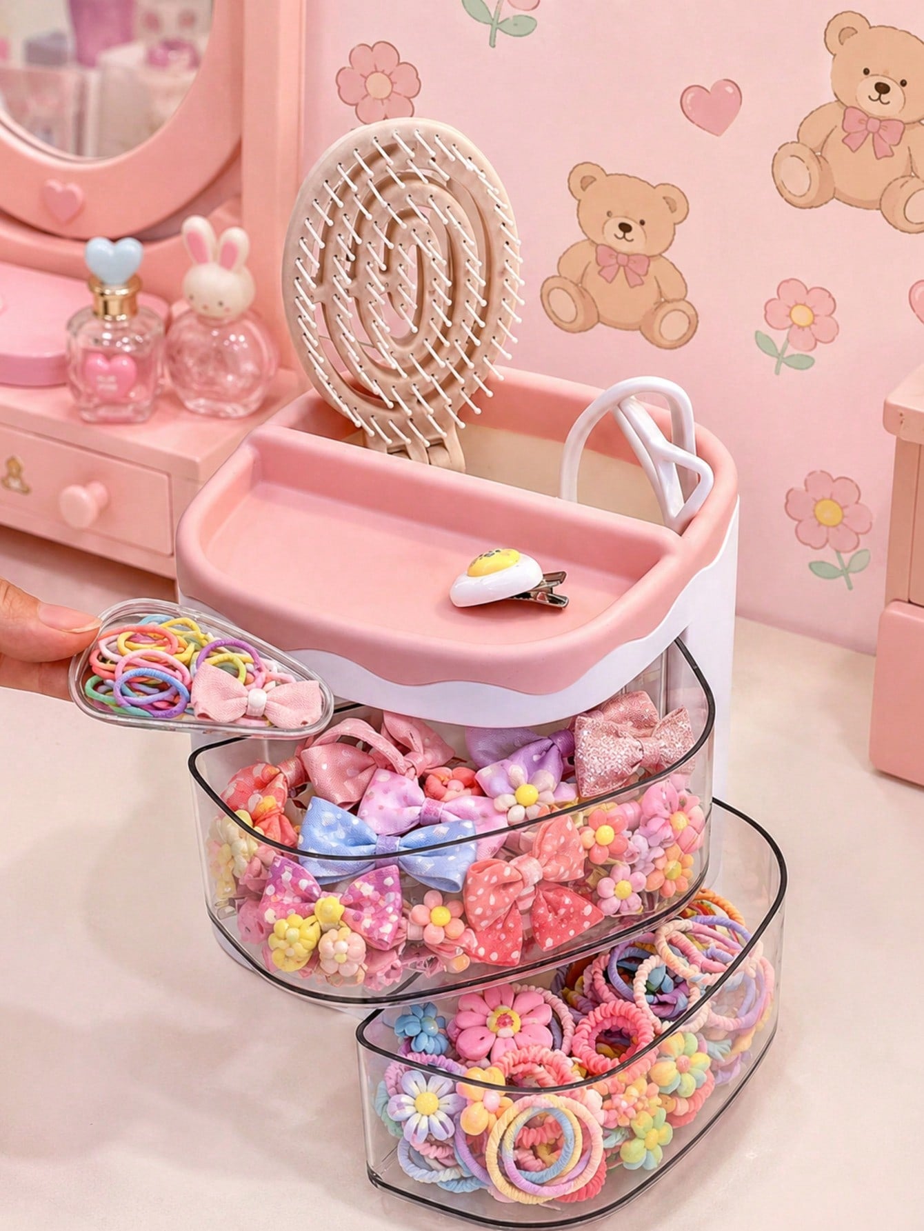 1pc Kids Hair Accessories Storage Box, 2-Tier Rotating Desktop Organizer With Transparent Dividers, Suitable For Hair Clips, Rubber Bands, Headbands And Jewelry Storage, Back To School
