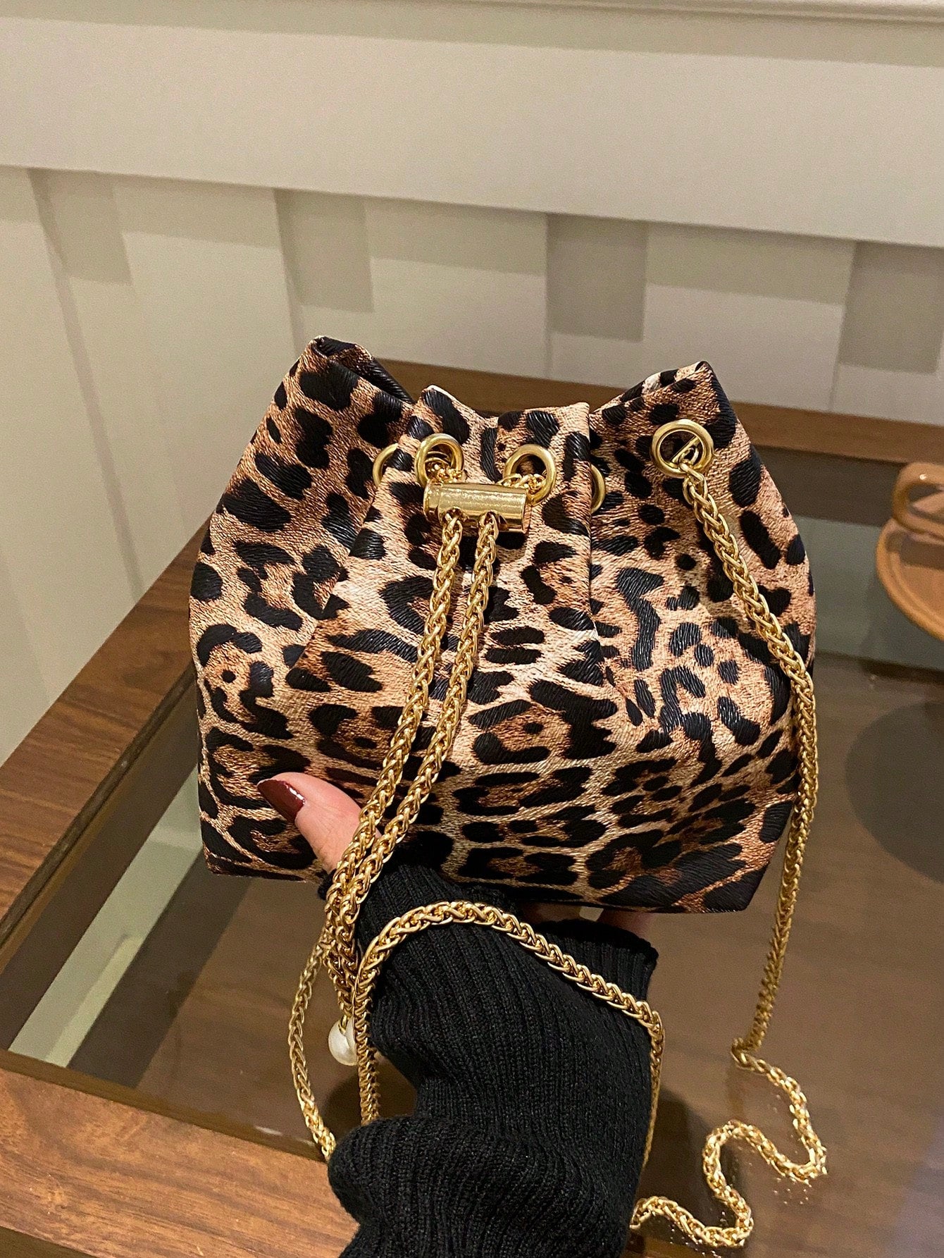 1pc Leopard Print Khaki Shoulder Bag With Metal Chain, Exquisite High-End Niche Design, Versatile