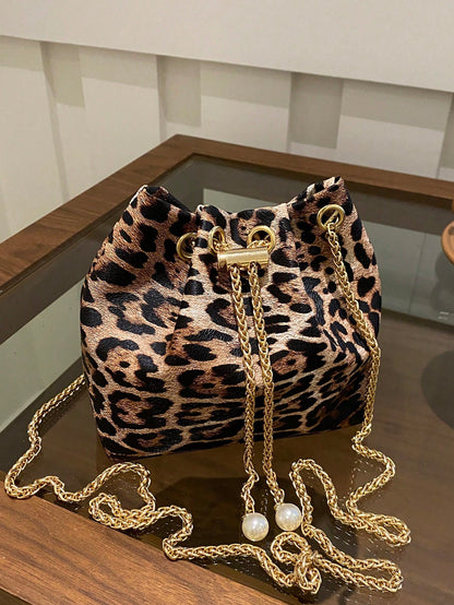 1pc Leopard Print Khaki Shoulder Bag With Metal Chain, Exquisite High-End Niche Design, Versatile