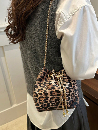 1pc Leopard Print Khaki Shoulder Bag With Metal Chain, Exquisite High-End Niche Design, Versatile