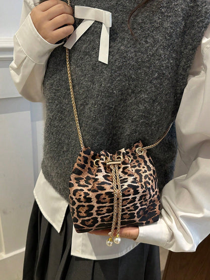 1pc Leopard Print Khaki Shoulder Bag With Metal Chain, Exquisite High-End Niche Design, Versatile