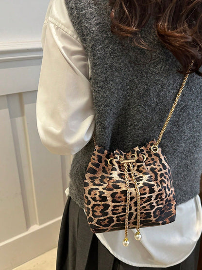 1pc Leopard Print Khaki Shoulder Bag With Metal Chain, Exquisite High-End Niche Design, Versatile