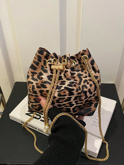1pc Leopard Print Khaki Shoulder Bag With Metal Chain, Exquisite High-End Niche Design, Versatile